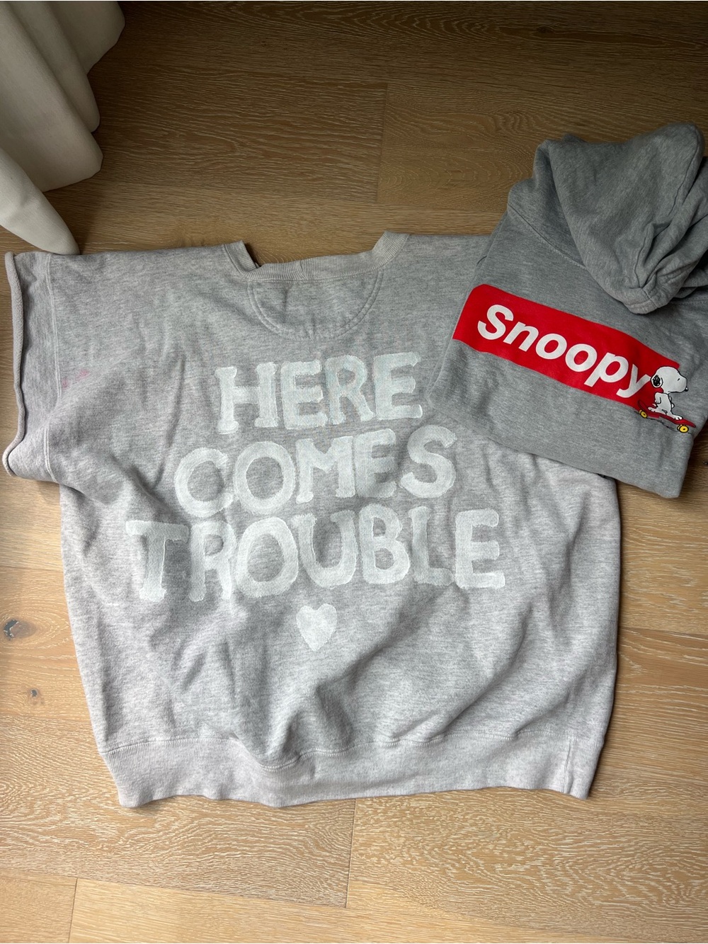 Levi's Light Gray 'Here Comes Trouble' Hoodie Sweatshirt and Snoopy Hoodie
